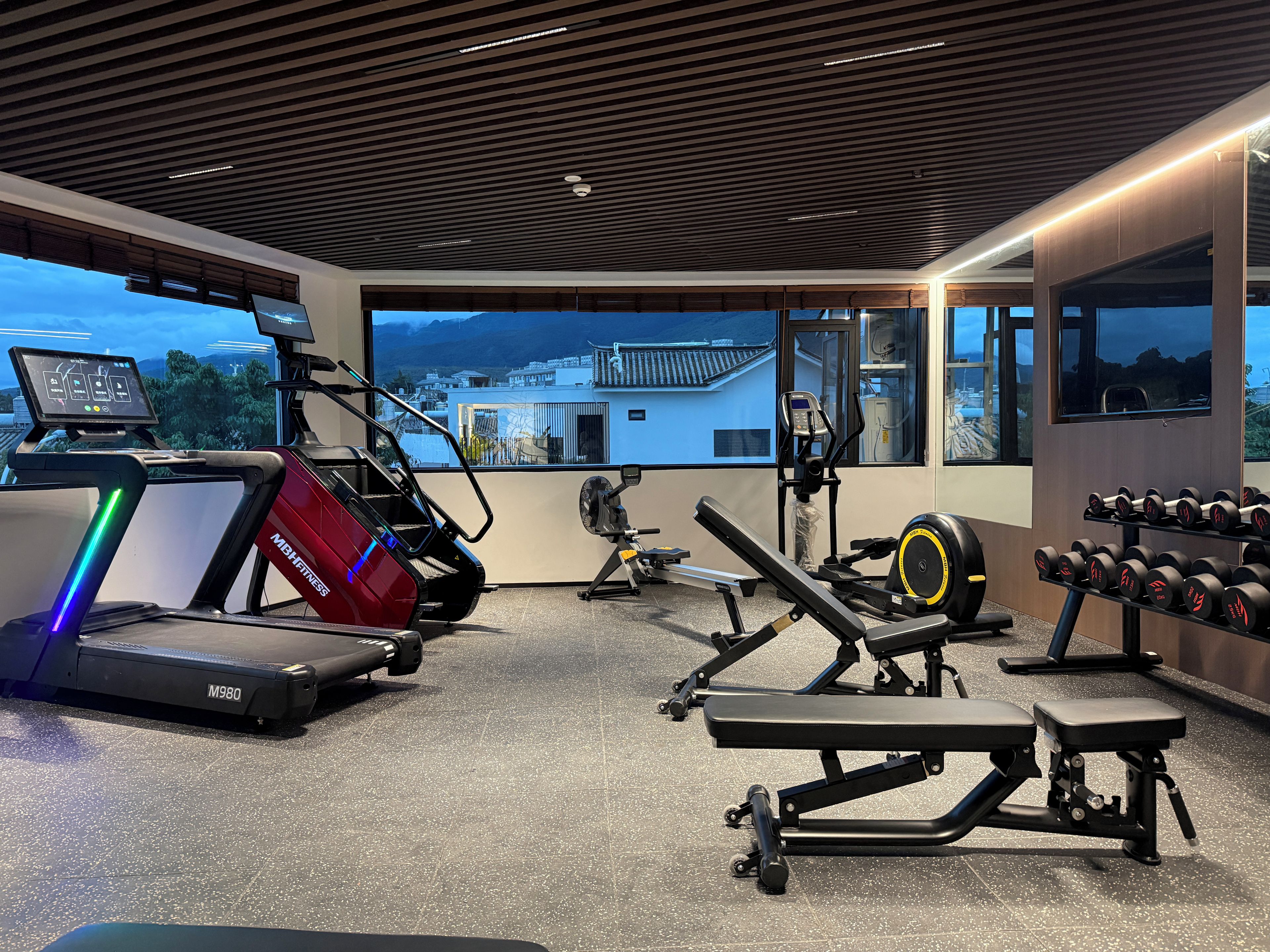 Un gimnasio con equipamiento cardiovascular, zonas de levantamiento de pesas y vistas a edificios a través de amplias ventanas.