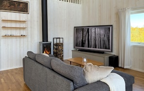 A living room with a sofa, a fireplace, a television, and a window with curtains.