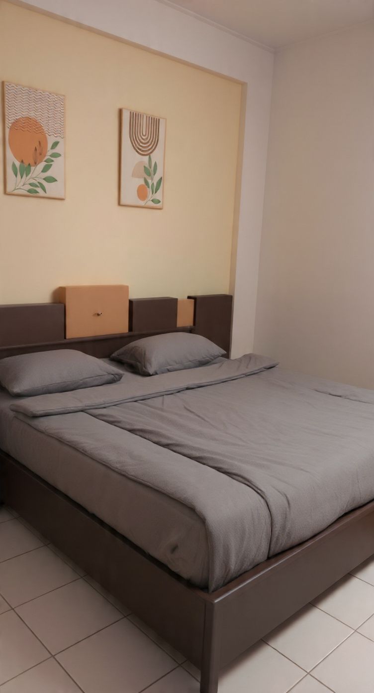A bedroom with a bed, headboard, and two wall-mounted artworks.