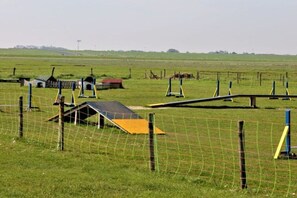 A fenced outdoor area with various structures, including a small building and a ramp. - Holiday home with 2 bedrooms (Neßmersiel)