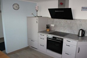 A compact kitchen with a built-in oven, a microwave, and a sink. - Holiday home with 1 bedroom (Nordstrand)