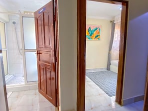 A room with a wooden door, a shower area, and a colorful abstract painting on the wall. - Beautiful spaces 3 bedroom bungalow (Kampala)