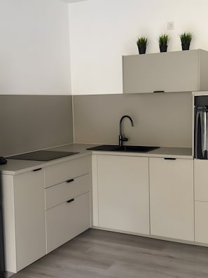 Een moderne keuken met een inbouwspoelbak, aanrecht en kastjes.