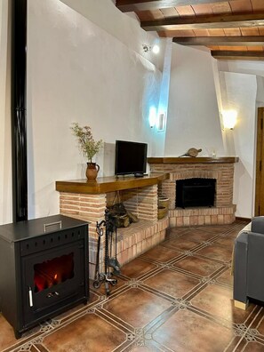 A cozy living room with a fireplace, a television, and a wood-burning stove.