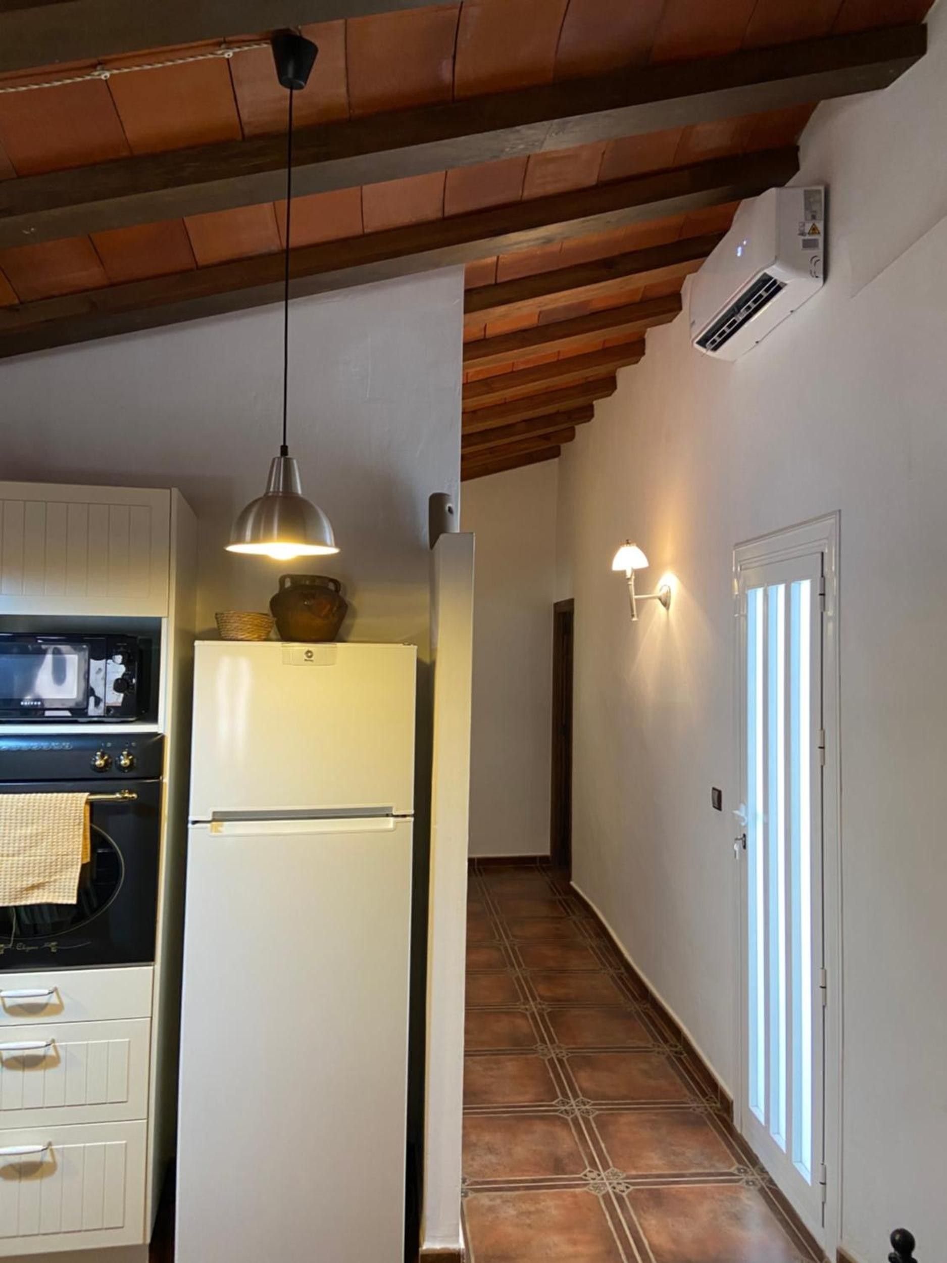 Una cocina equipada con refrigerador, horno y lámpara colgante.