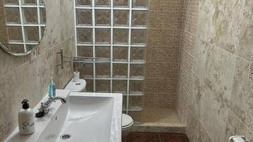 Un baño con un lavabo blanco, un espejo, ducha con puerta de cristal y un inodoro.