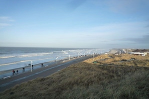A coastal road with a beach on one side, a grassy embankment, and a clear sky. - Holiday apartment in Norderney with sauna (Norderney)