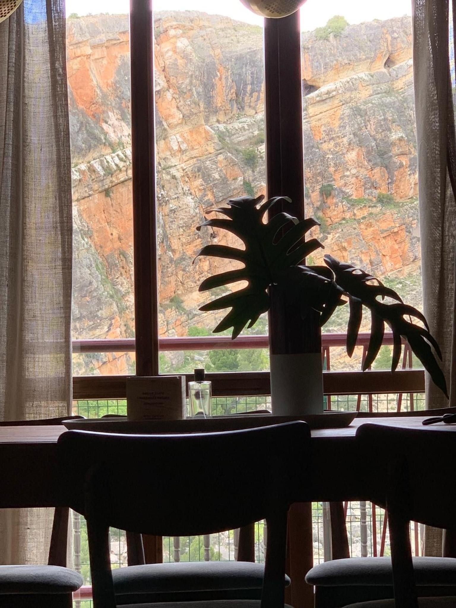Un comedor con una mesa y sillas, una planta en maceta y vistas a un paisaje rocoso a través de amplios ventanales.
