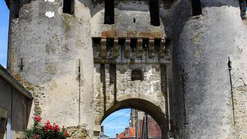 Une arche en pierre d’époque, dotée d’un passage central, et bordée de bâtiments de part et d’autre.