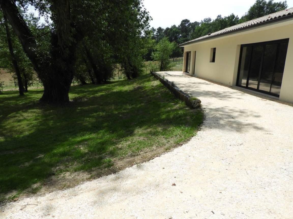 Un bâtiment avec une allée pavée, une pelouse et un grand arbre.
