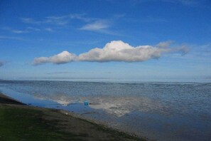 Una playa con cielo despejado y agua tranquila.