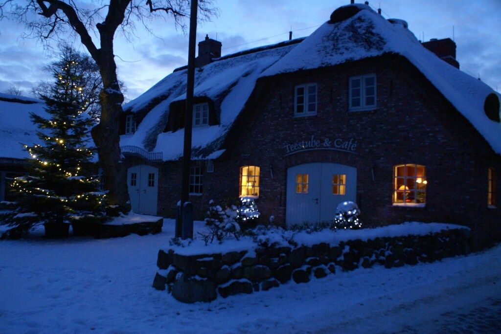 A snow-covered building with a sign reading 'Teestube & Café,' windows with lights on, and a Christmas tree with lights.