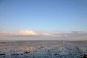 A wide, open beach with a clear sky and distant horizon. - Holiday apartment Mellum (Horumersiel)