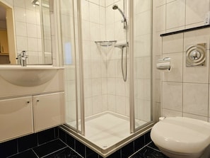 Ein modernes Badezimmer mit einer gläsernen Duschkabine, einem weißen Waschbecken und einer Toilette.