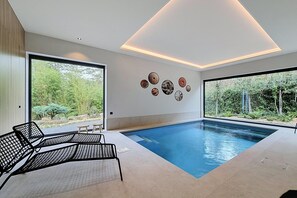 Ein moderner, überdachter Schwimmteich mit Blick auf die grüne Umgebung.