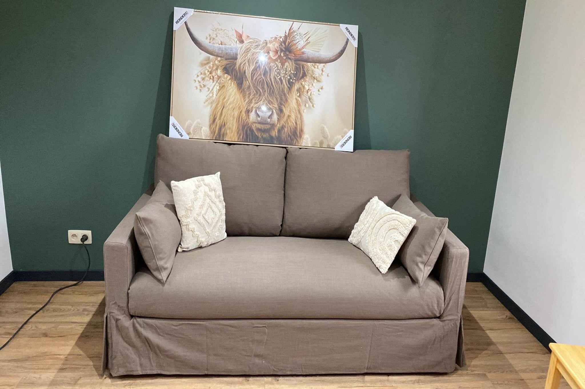 A brown sofa with two pillows against a green wall, with a bull painting above it.