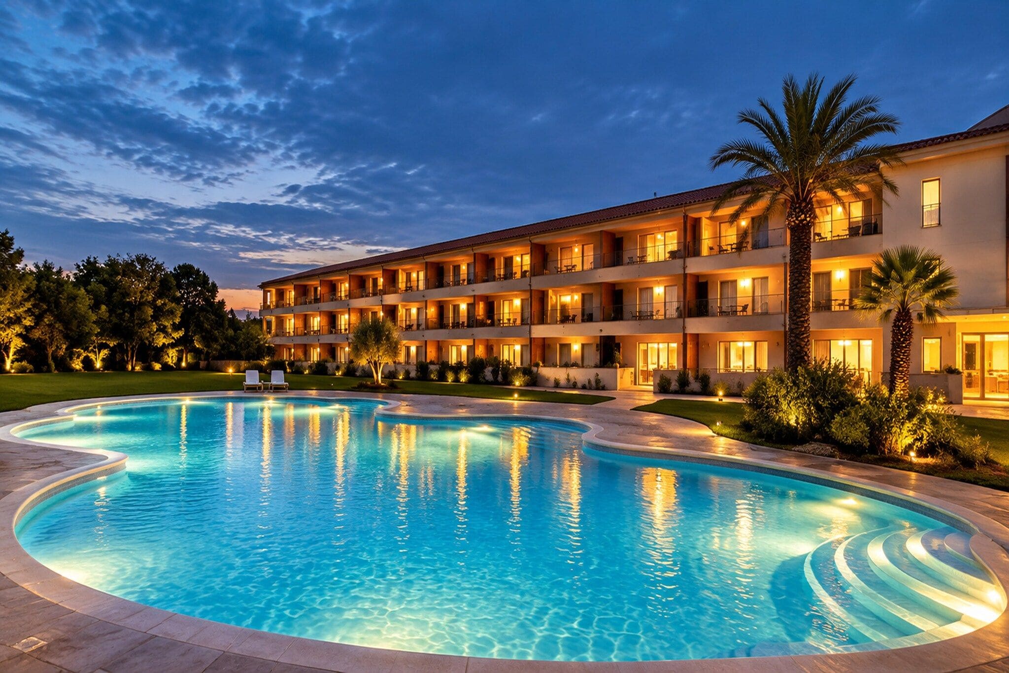 A hotel with a swimming pool, multiple balconies, and a well-lit exterior at dusk.
