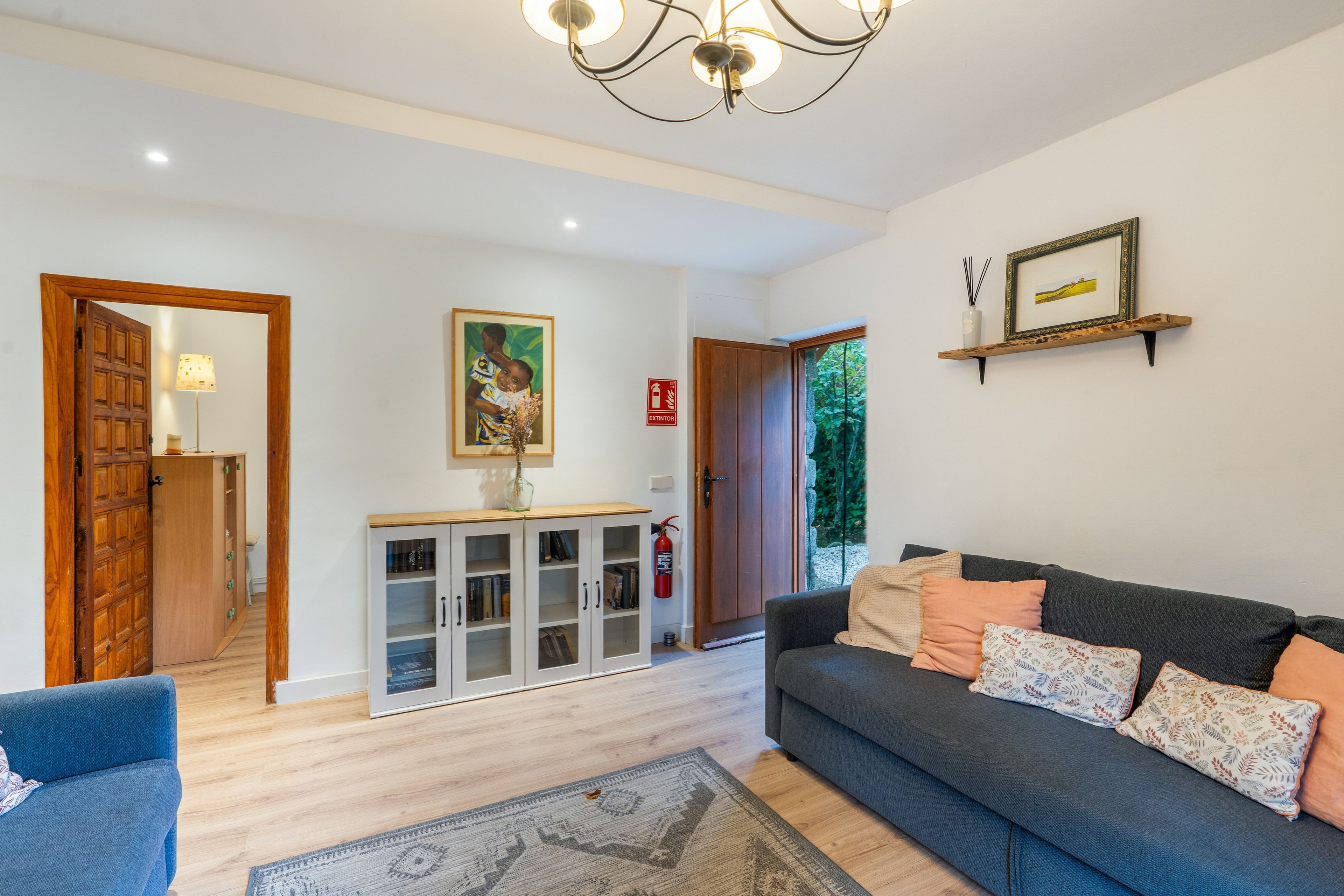 Een moderne woonkamer met een donkergrijze bank, een blauwe fauteuil en een kamerbreed tapijt. Er is een houten kast met glazen deuren, een schilderij aan de muur en een brandblusser die aan de muur is bevestigd.