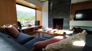 Una sala de estar moderna con sofá, mesa de centro y chimenea.