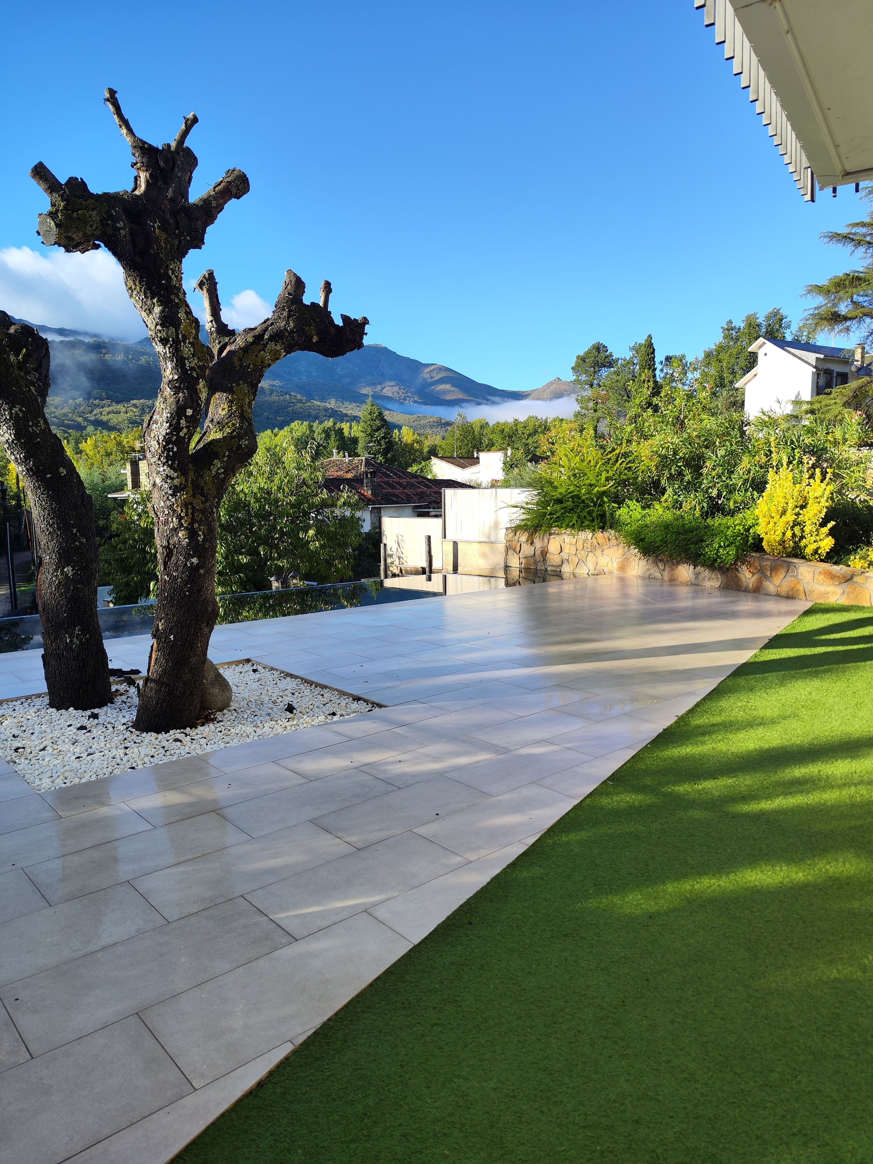 Un espacio exterior moderno con patio empedrado, un árbol y vistas a la montaña.