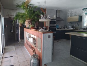 Eine Küche mit einer zentralen Kochinsel, einer hängenden Pflanze und einer Buddha-Statue.