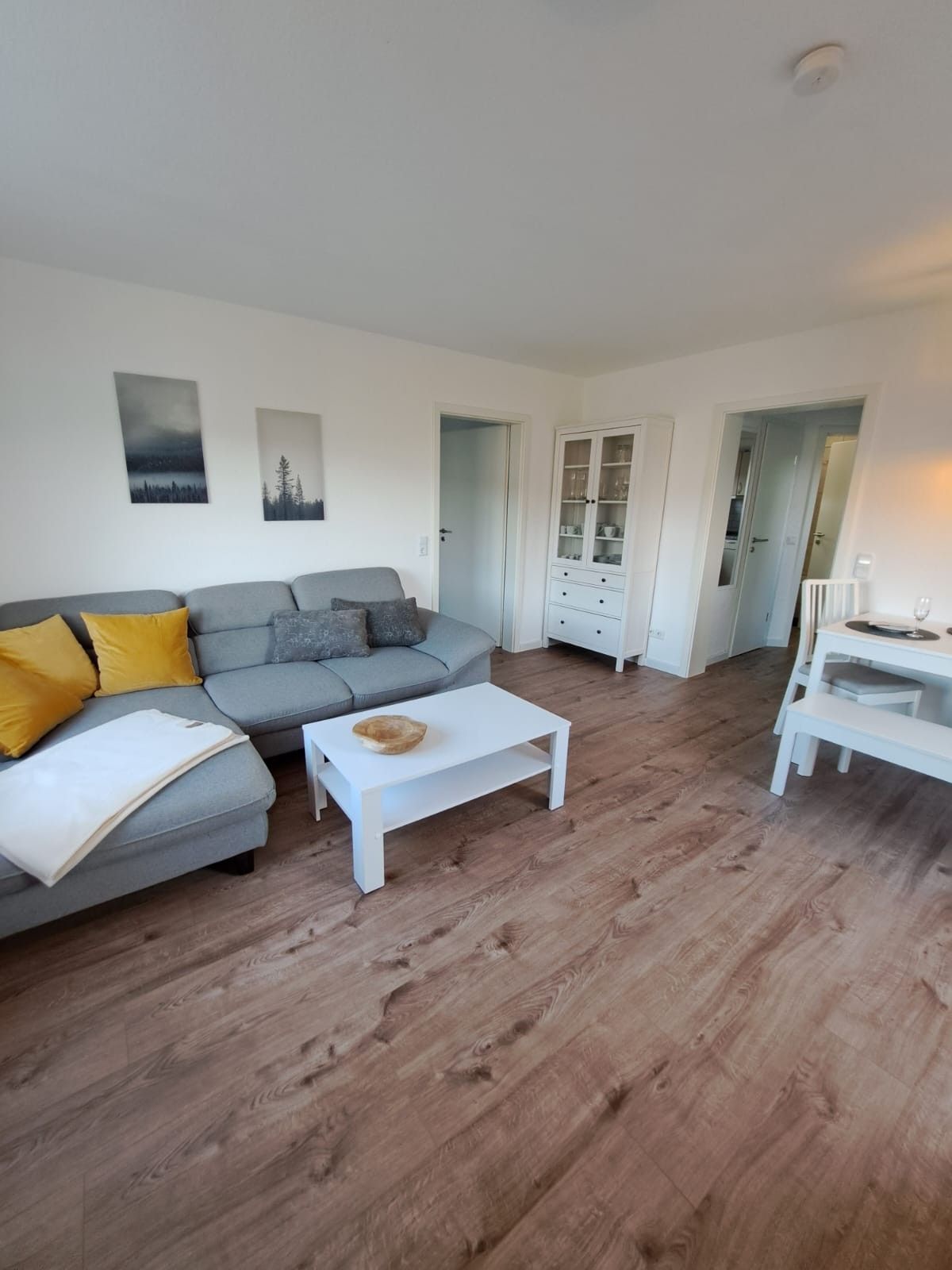 Un salon avec un canapé gris, une table basse blanche et un meuble avec des portes en verre.