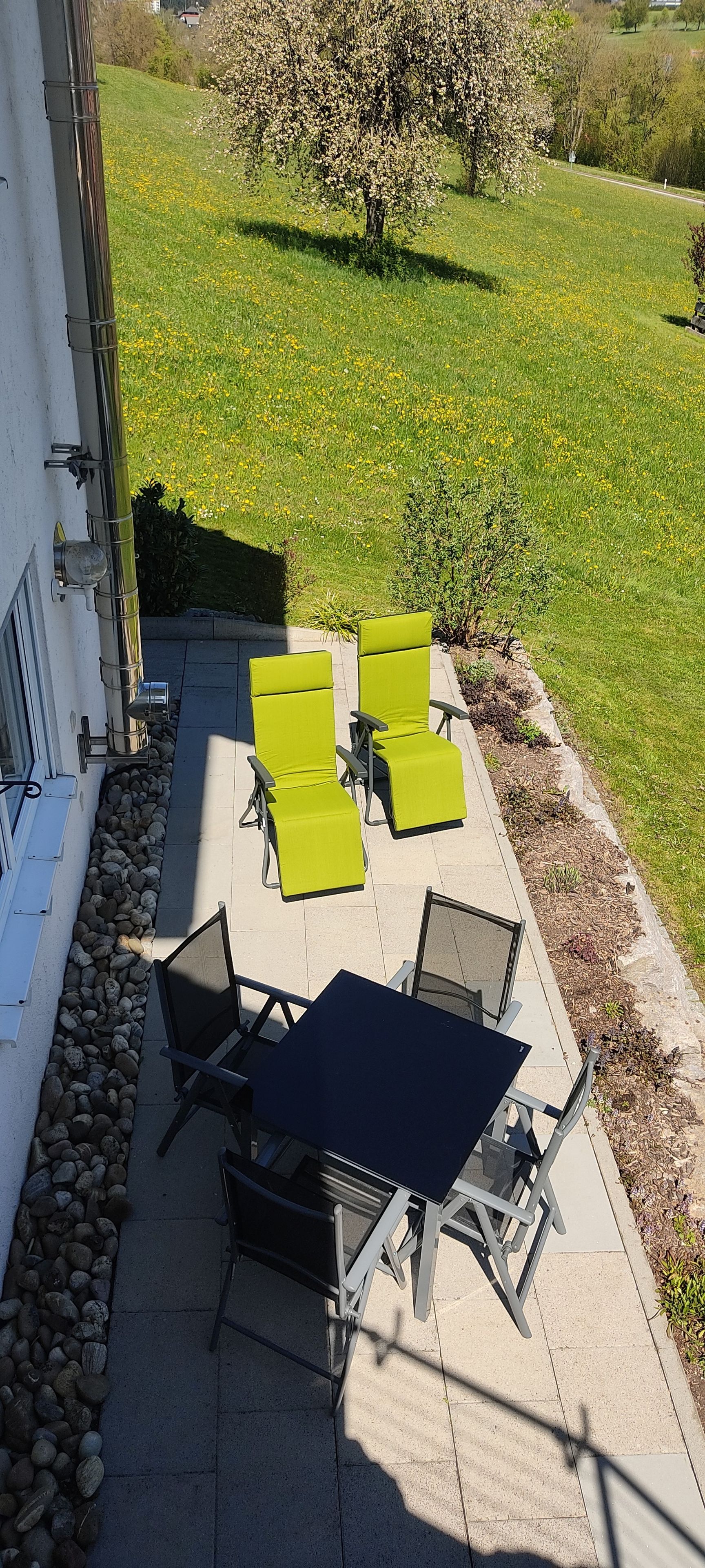 An outdoor patio with a table and chairs, a small garden area with a tree, and a grassy field in the background.