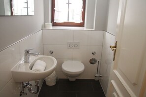 Un bagno piccolo con un lavandino bianco, un WC e una finestra con tende.