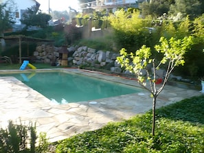 A swimming pool with a stone border, a slide, and a small tree in the foreground.