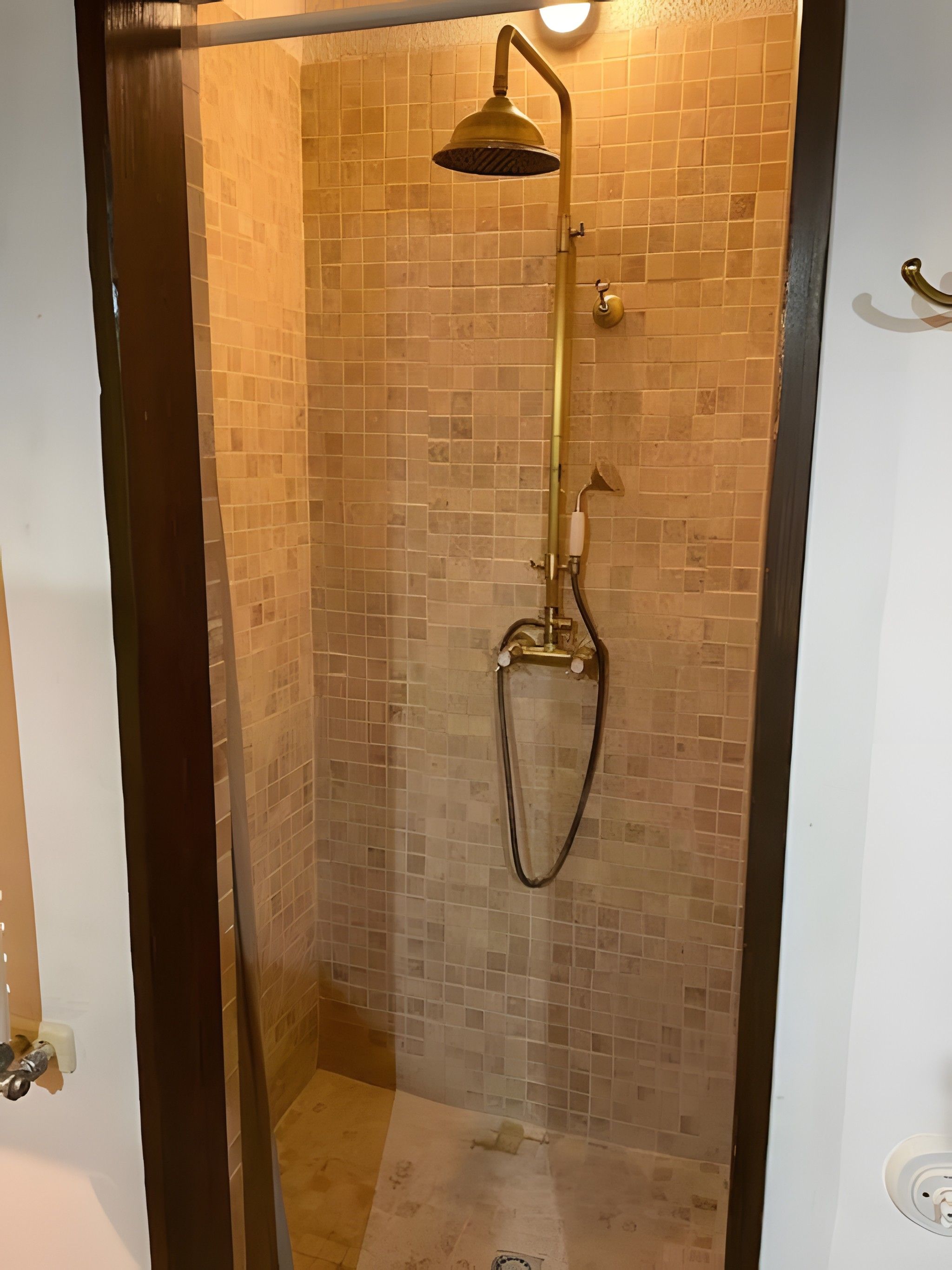 A shower with a handheld showerhead and a handheld hose.