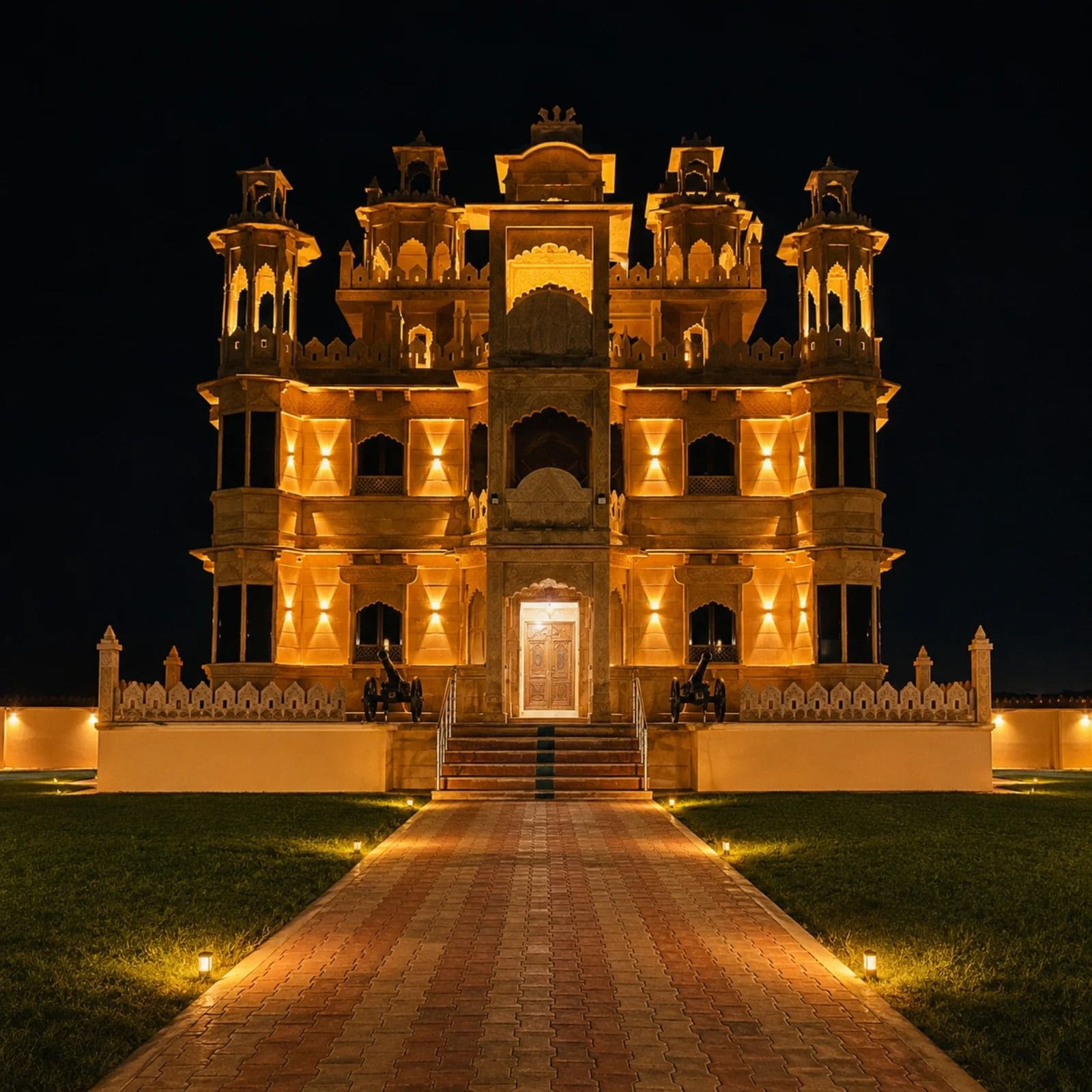 Un edificio grande y ornamentado con varios niveles y una entrada central, rodeado por un camino bien iluminado.