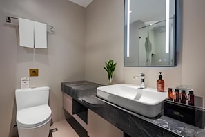 Ein modernes Badezimmer mit Toilette, einem großen Spiegel und einer Ablage für Pflegeprodukte.