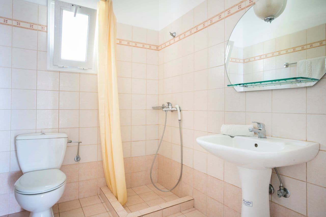 A bathroom with a toilet, a shower with a curtain, and a sink with a mirror above it.