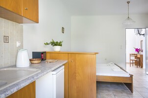 Cocina compacta con pileta, encimera, un mueble de madera, una pequeña planta en maceta y un banco.