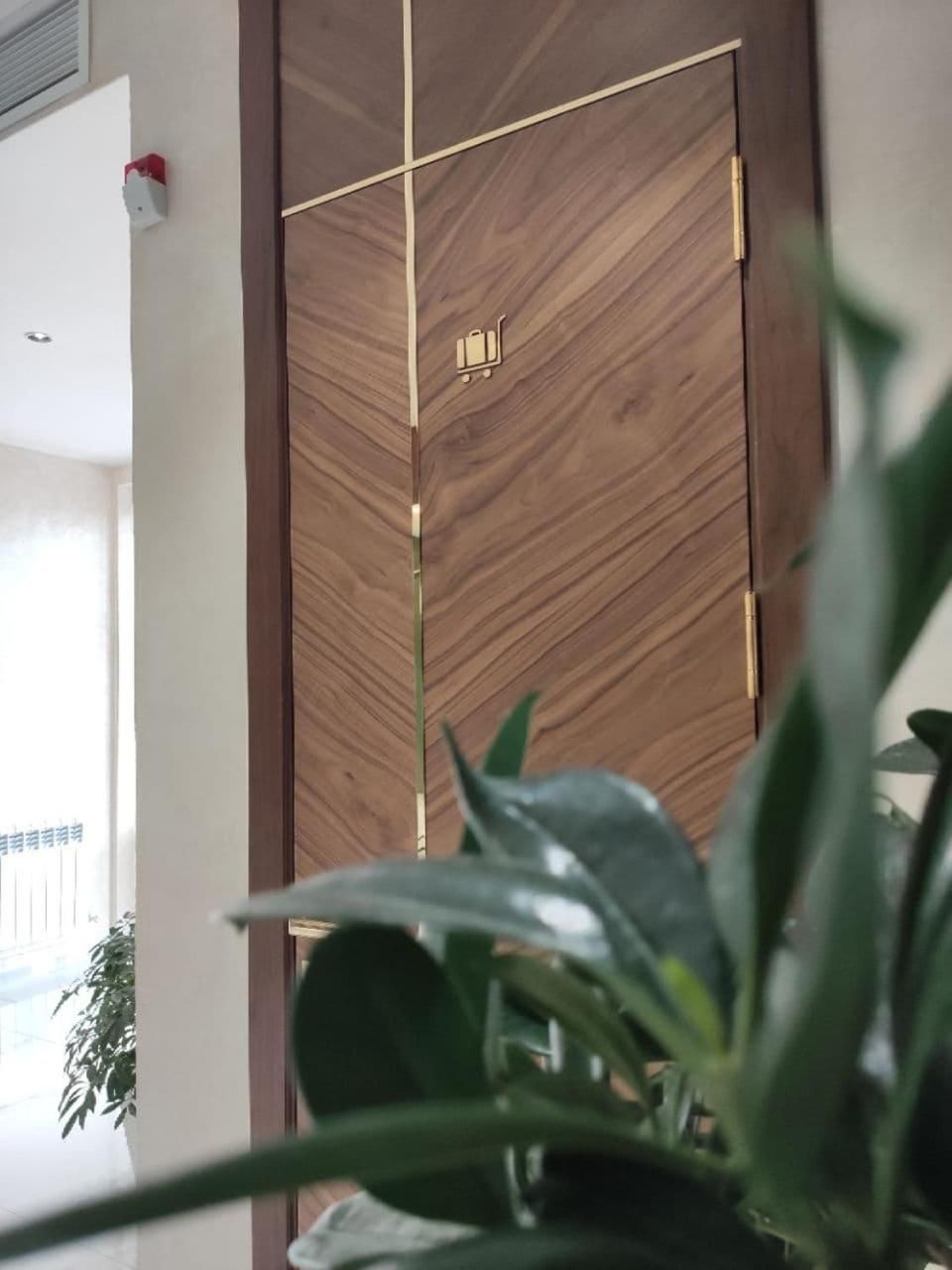 Una porta de fusta amb disseny modern, una petita làmpada a sobre i una planta al primer pla.