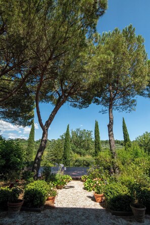 A garden pathway leading to a bench with a view of a lake and trees. - Garden Retreat Apt w/ Parking, Near Perugia Center (Perugia)
