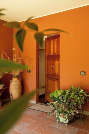 Un couloir avec une porte en bois, une plante en pot et un sol carrelé.