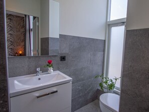 A modern bathroom with a white sink, mirror, and toilet. - Do43 "t Groentje 9A (Domburg)