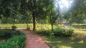 Un vialetto lastricato in un parco, tra alberi e vegetazione.
