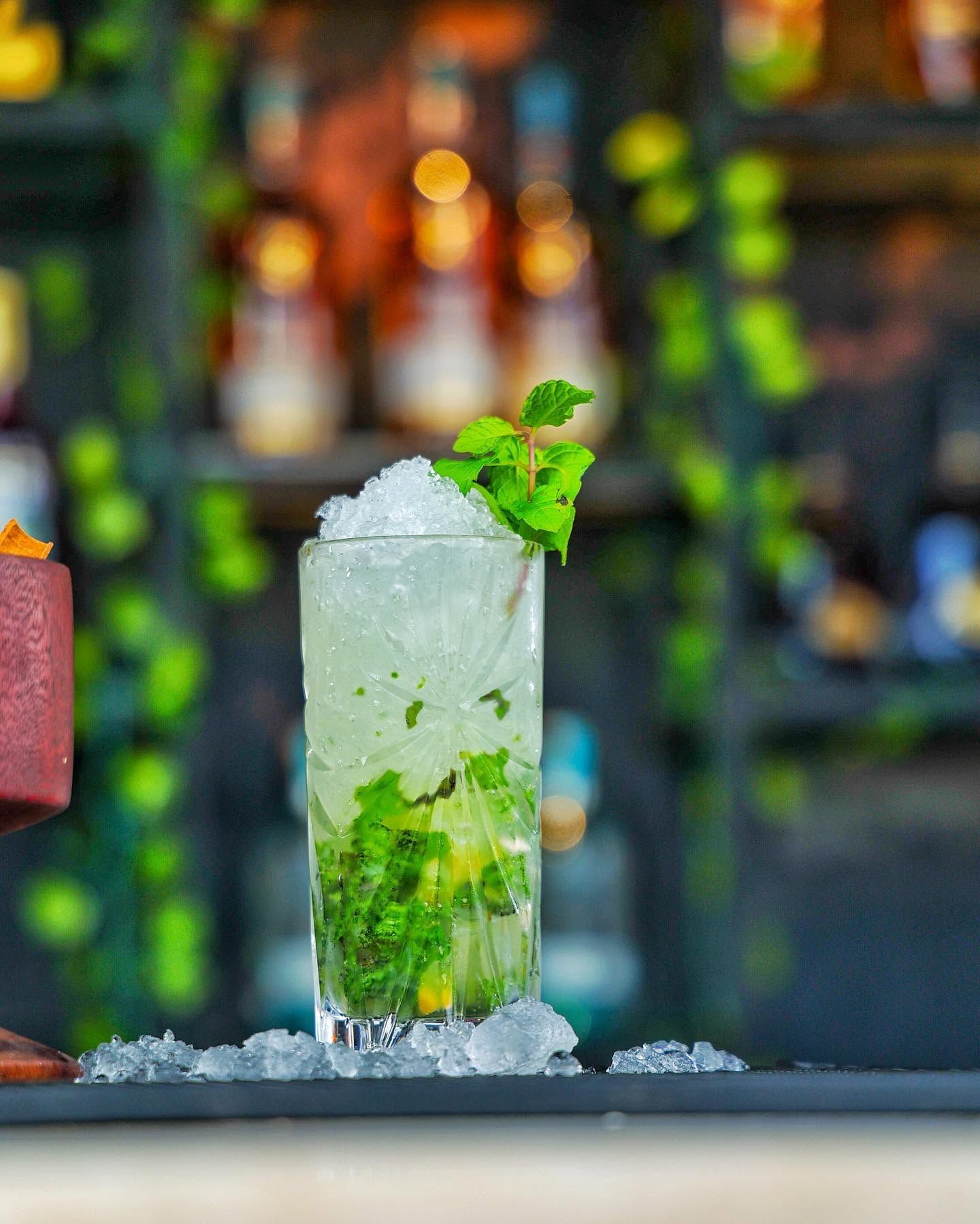 Un grand verre orné d’une feuille de menthe, rempli d’un liquide vert et de glaçons, posé sur le comptoir d’un bar.