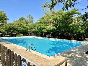A rectangular swimming pool with a wooden deck and metal ladder, surrounded by trees and a wooden fence. - Holiday Apartment With 2 Bedrooms (Massa Marittima)