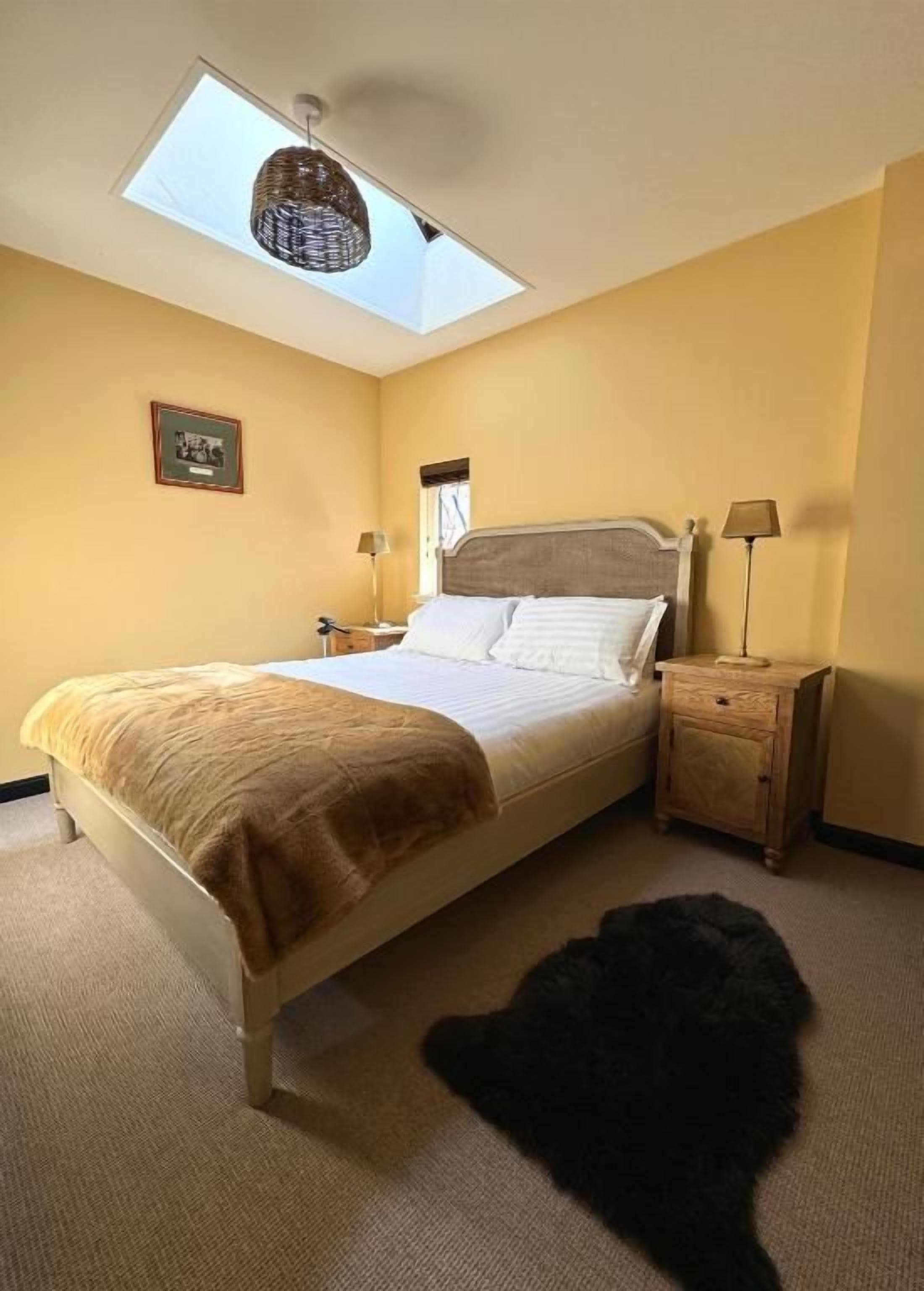 A bedroom with a bed, bedside tables, a lamp, a rug, and a skylight.