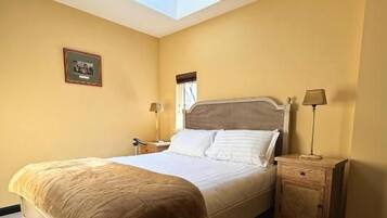 A bedroom with a bed, bedside tables, a lamp, a rug, and a skylight.