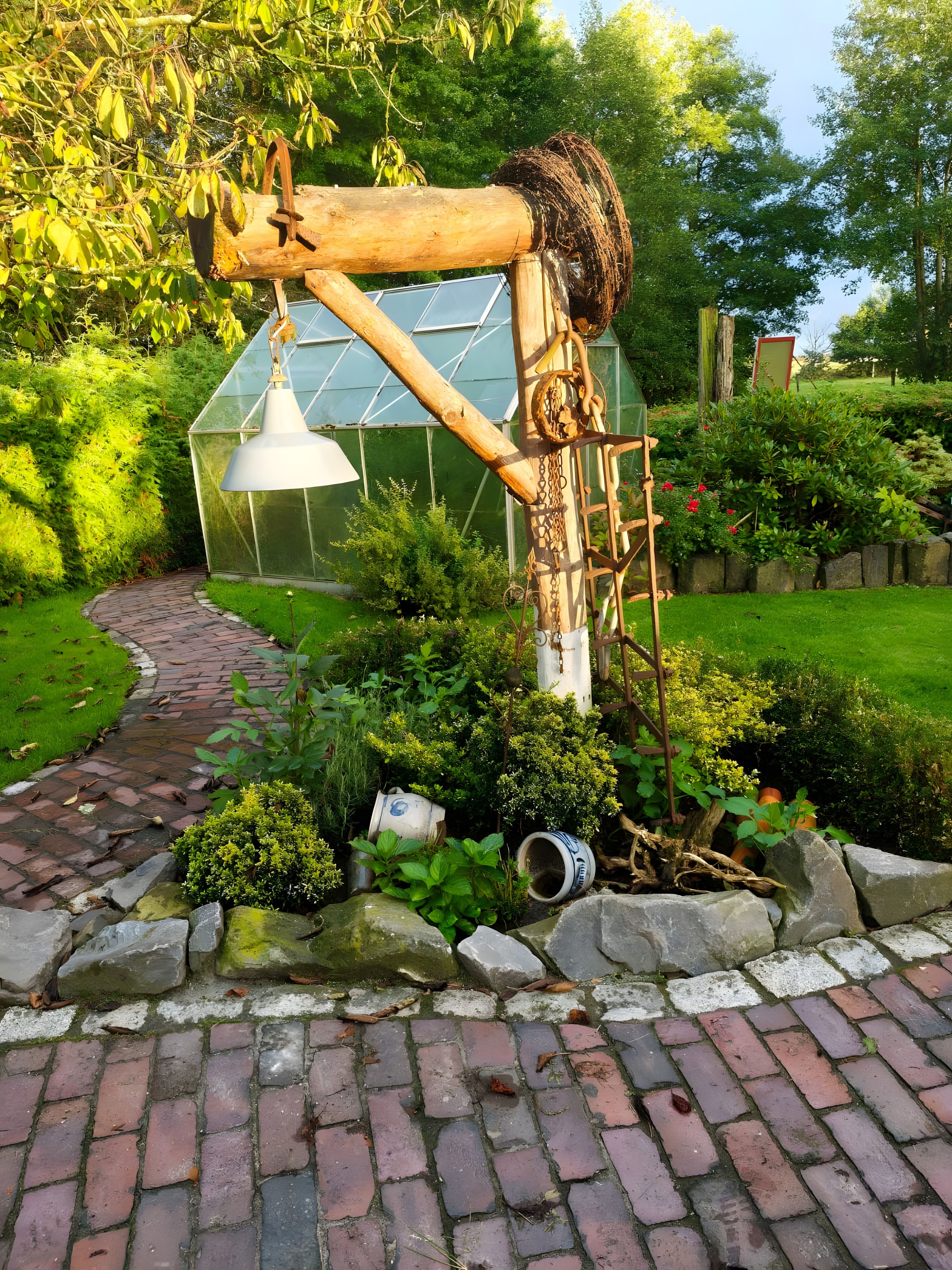 Une serre avec un chemin en briques menant à l’entrée, entourée de verdure et d’une structure en bois rustique.