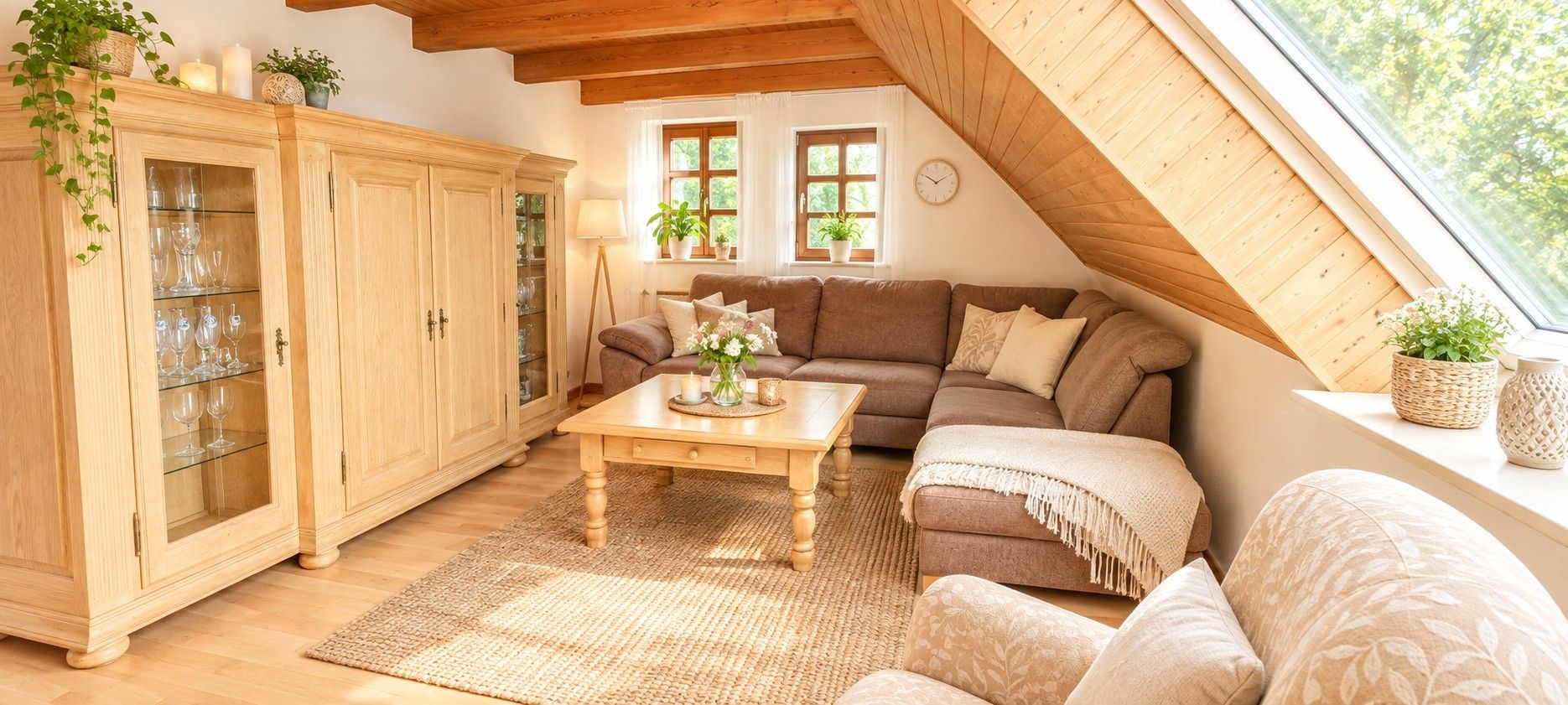 Un dormitori tipus loft acollidor amb sostre inclinat, un armari de fusta, un sofà, una taula i una finestra amb vista a vegetació.