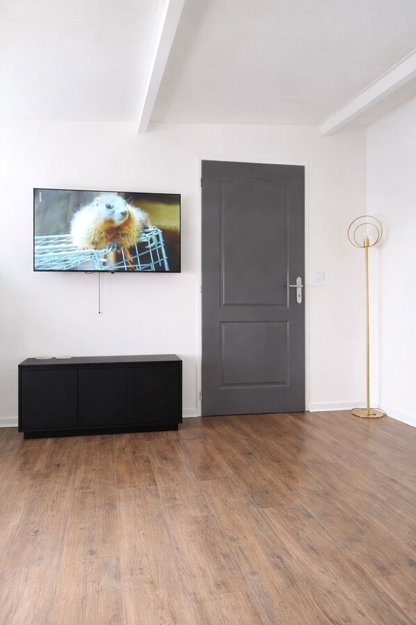 A room with a dark grey door, a black entertainment unit, and a floor lamp.