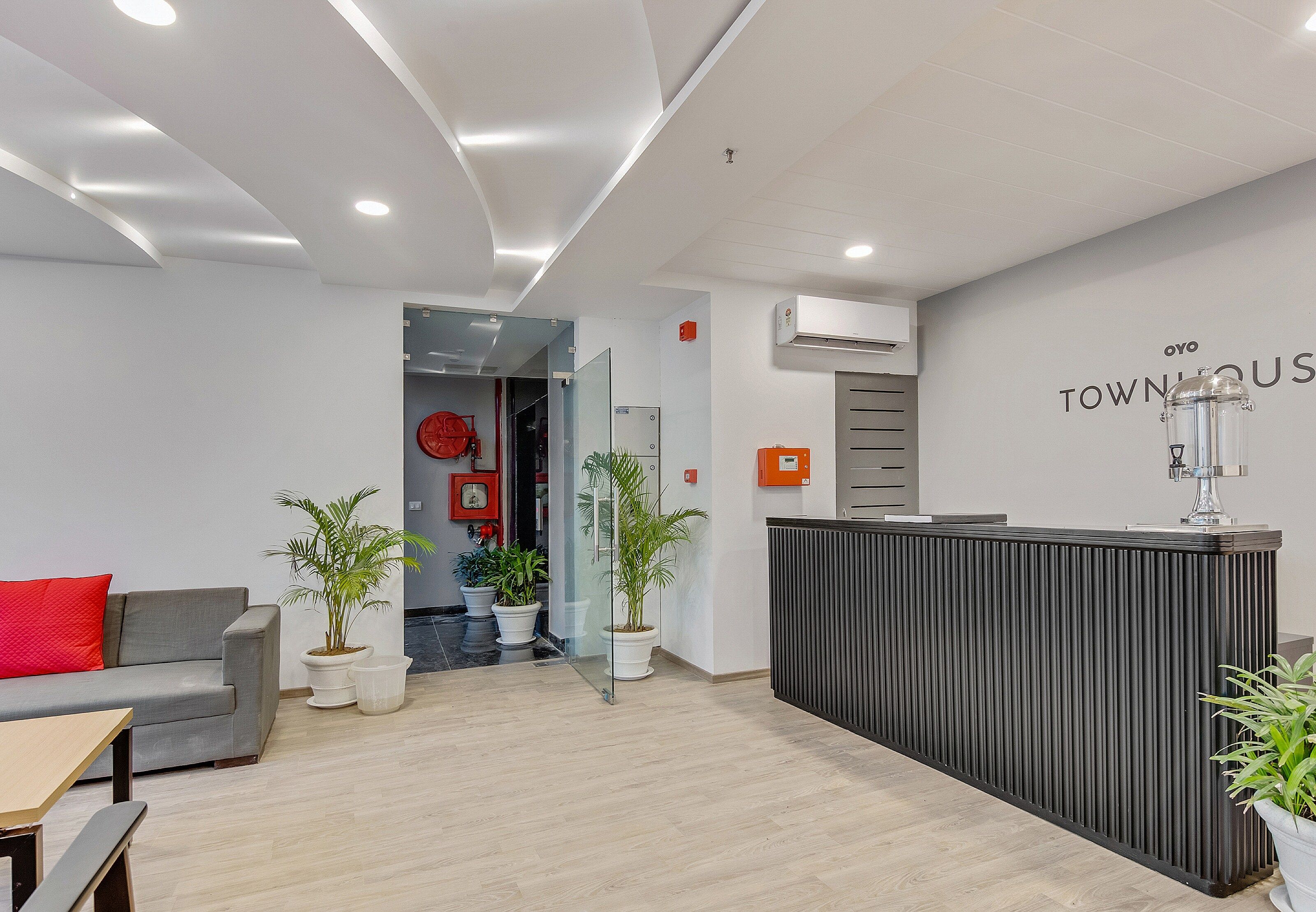 A modern reception area with a reception desk, potted plants, a grey sofa, and a red pillow.