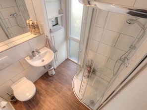 A modern bathroom with a glass-enclosed shower, a white sink, and a toilet. - Cabin in Renesse With Swimming Pool (Renesse)