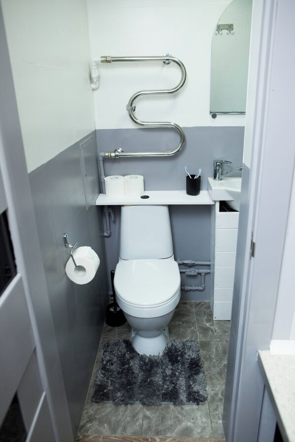 A compact bathroom with a white toilet, a grab bar, a towel rack, and a small sink.