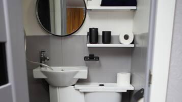 Un baño pequeño con inodoro, lavamanos y espejo.